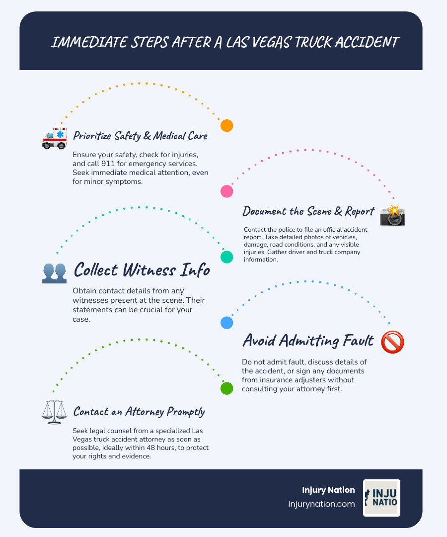 infographic showing immediate steps after a Las Vegas truck accident: 1. Check for injuries and call 911, 2. Move to safety if possible, 3. Take photos of scene and damage, 4. Get truck driver and company information, 5. Collect witness contact details, 6. Seek medical evaluation, 7. Do not admit fault or sign documents, 8. Contact a truck accident attorney within 48 hours - las vegas truck accident law firm infographic infographic-line-5-steps-blues-accent_colors