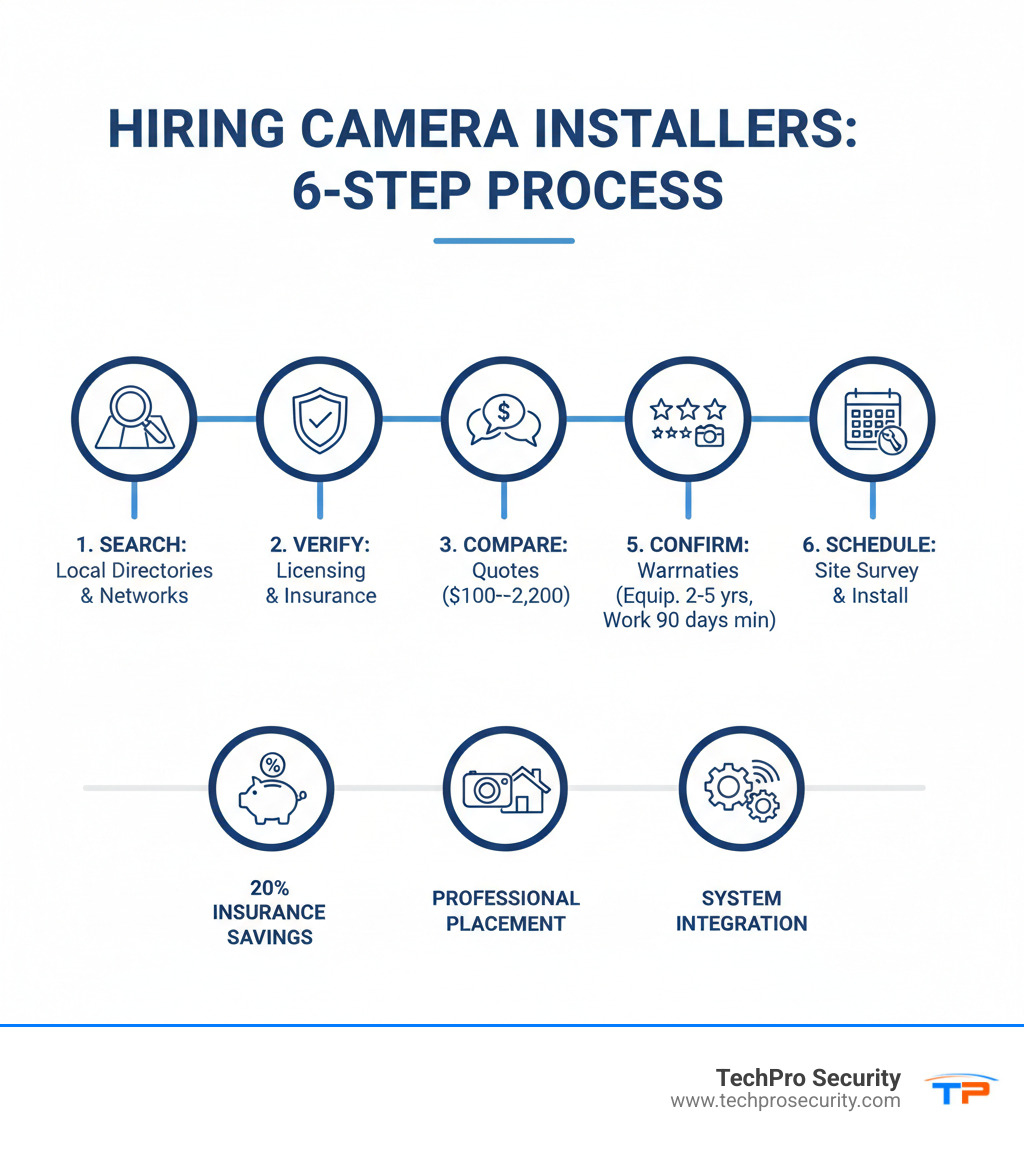 Infographic showing the complete process of finding and hiring camera installers: Step 1 - Search local directories and manufacturer networks, Step 2 - Verify licensing and insurance credentials, Step 3 - Compare quotes from 2-3 installers (typical range $100-$2,200), Step 4 - Check customer reviews and past work, Step 5 - Confirm warranties (equipment 2-5 years, workmanship 90 days minimum), Step 6 - Schedule site survey and installation; includes icons for key benefits like 20% insurance savings, professional placement expertise, and system integration - camera installers near me infographic Infographic showing the complete process of finding and hiring camera installers: Step 1 - Search local directories and manufacturer networks, Step 2 - Verify licensing and insurance credentials, Step 3 - Compare quotes from 2-3 installers (typical range $100-$2,200), Step 4 - Check customer reviews and past work, Step 5 - Confirm warranties (equipment 2-5 years, workmanship 90 days minimum), Step 6 - Schedule site survey and installation; includes icons for key benefits like 20% insurance savings, professional placement expertise, and system integration - camera installers near me infographic