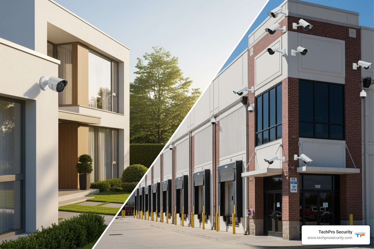 split screen showing a residential camera setup and a commercial one - camera installers near me split screen showing a residential camera setup and a commercial one - camera installers near me