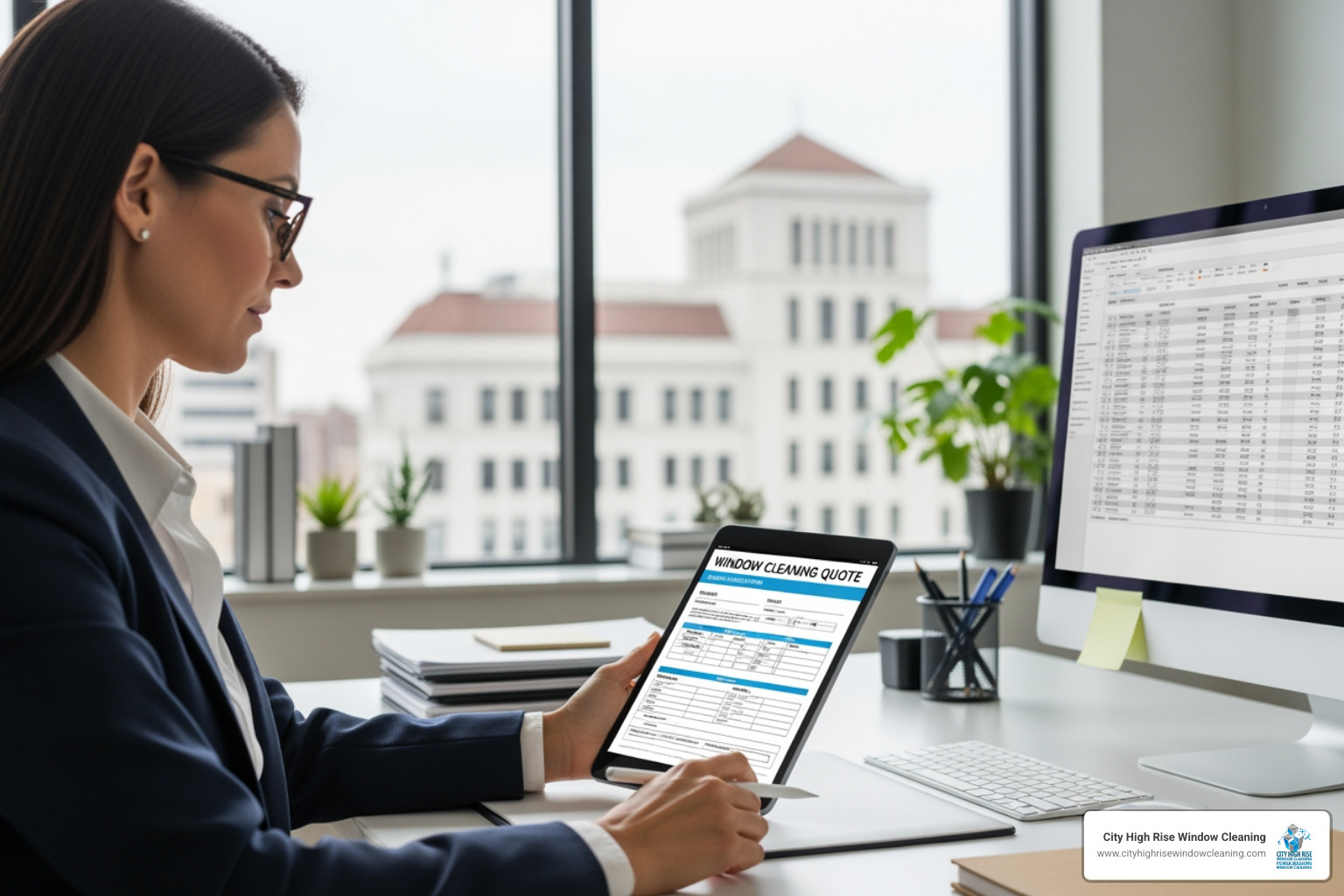 of a building manager reviewing a window cleaning quote on a tablet. - commercial window cleaning new york of a building manager reviewing a window cleaning quote on a tablet. - commercial window cleaning new york