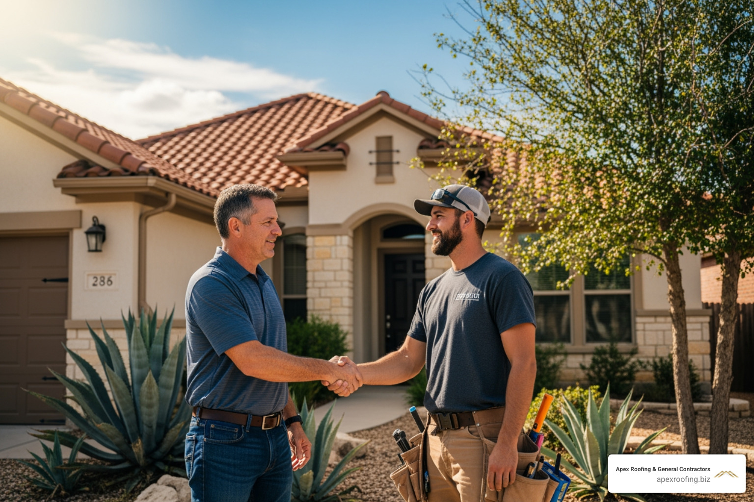 homeowner shaking hands with a roofer in front of their house - new roof installation San Antonio