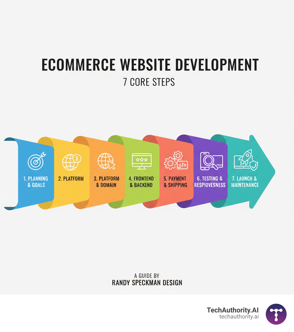 Infographic showing the 7 core steps of ecommerce website development: 1. Planning and goal setting, 2. Choosing your platform and domain, 3. Designing your storefront with UI/UX best practices, 4. Building frontend and backend functionality, 5. Integrating payment gateways and shipping, 6. Testing for bugs and mobile responsiveness, 7. Launching and ongoing maintenance with security updates - ecommerce website development infographic 