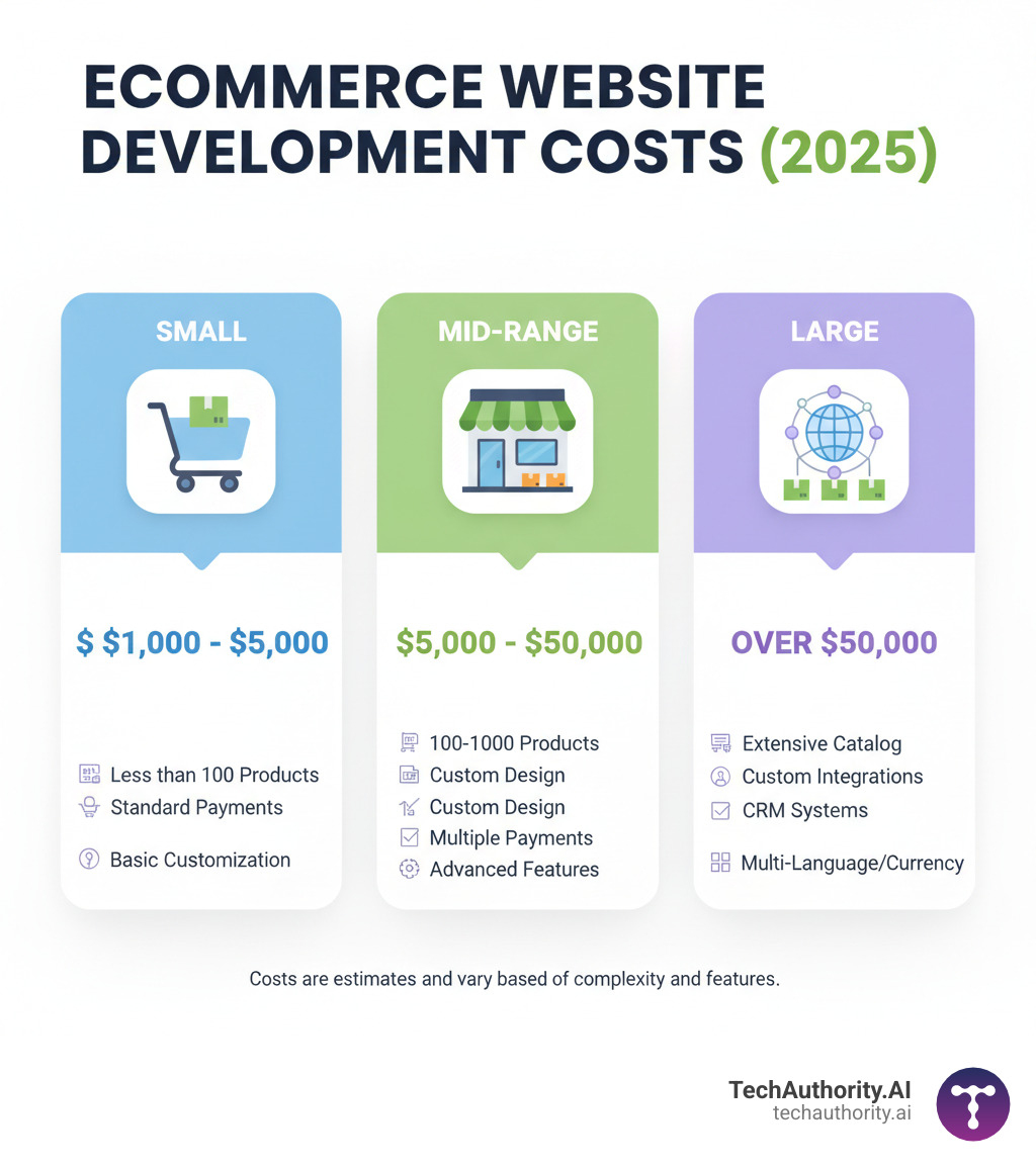 table comparing typical costs for Small, Mid-Range, and Large ecommerce websites - ecommerce website development infographic 