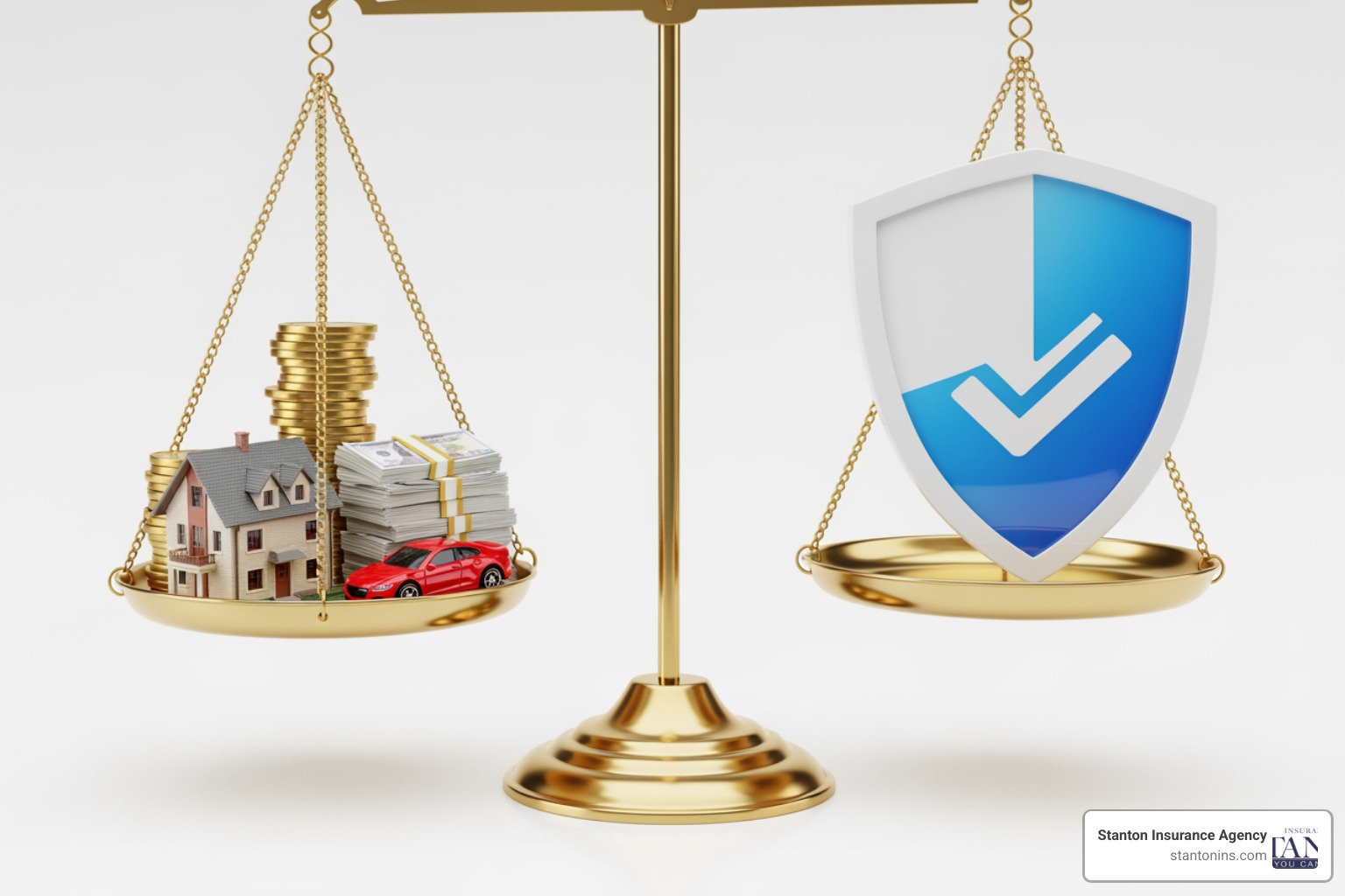 a scale balancing a pile of assets (house, car, money) on one side and an insurance shield on the other, representing financial protection. - auto liability coverage a scale balancing a pile of assets (house, car, money) on one side and an insurance shield on the other, representing financial protection. - auto liability coverage