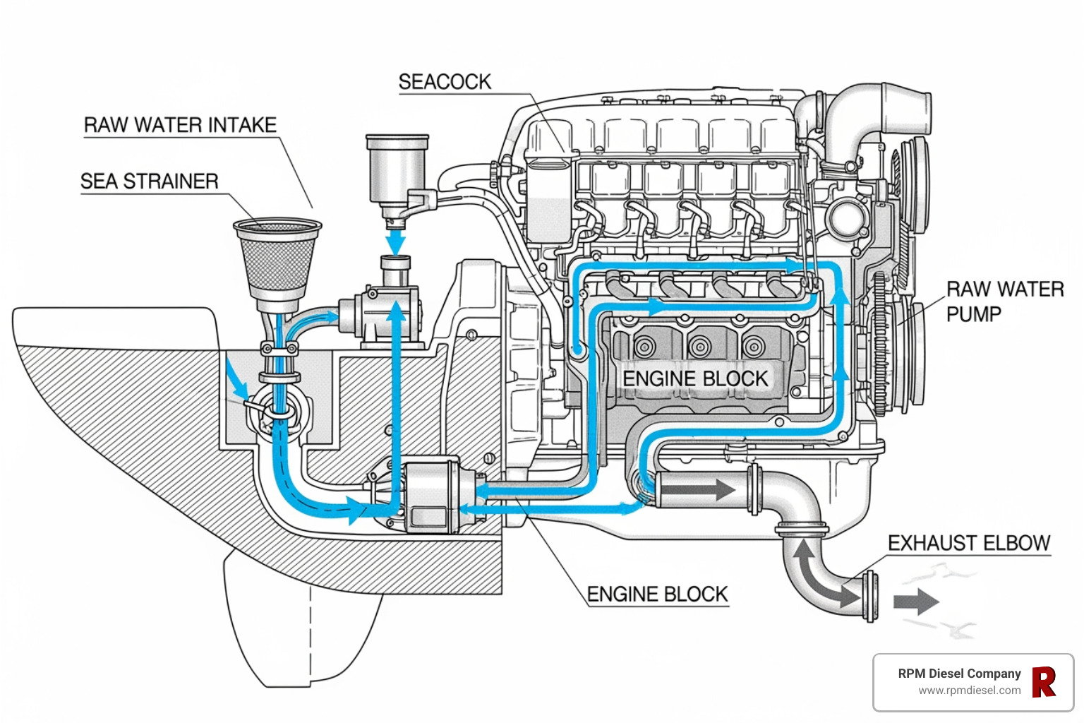 Diagram showing a raw water cooling system's path, including intake, engine block, and exhaust outlet - boat engine cooling system