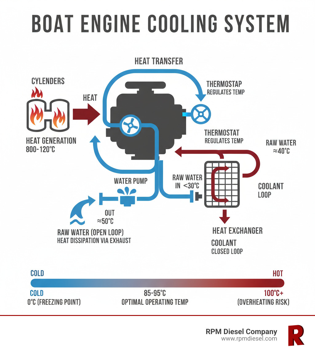 Infographic showing heat generation in engine cylinders, heat transfer through coolant or raw water, and heat dissipation through exhaust or heat exchanger, with temperature ranges and key components labeled including water pump, thermostat, and heat exchanger - boat engine cooling system infographic 