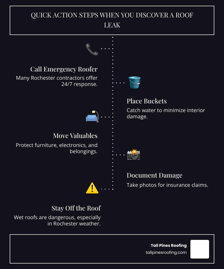 infographic showing five steps when discovering a roof leak: 1. Call emergency roofer immediately with phone icon, 2. Place buckets under drips with bucket illustration, 3. Move valuables to safety with furniture icon, 4. Take photos for insurance with camera icon, 5. Stay off the roof with safety warning symbol - "My roof is leaking. Find emergency roof repair services in Rochester, NY." infographic infographic-line-5-steps-dark infographic showing five steps when discovering a roof leak: 1. Call emergency roofer immediately with phone icon, 2. Place buckets under drips with bucket illustration, 3. Move valuables to safety with furniture icon, 4. Take photos for insurance with camera icon, 5. Stay off the roof with safety warning symbol - "My roof is leaking. Find emergency roof repair services in Rochester, NY." infographic infographic-line-5-steps-dark