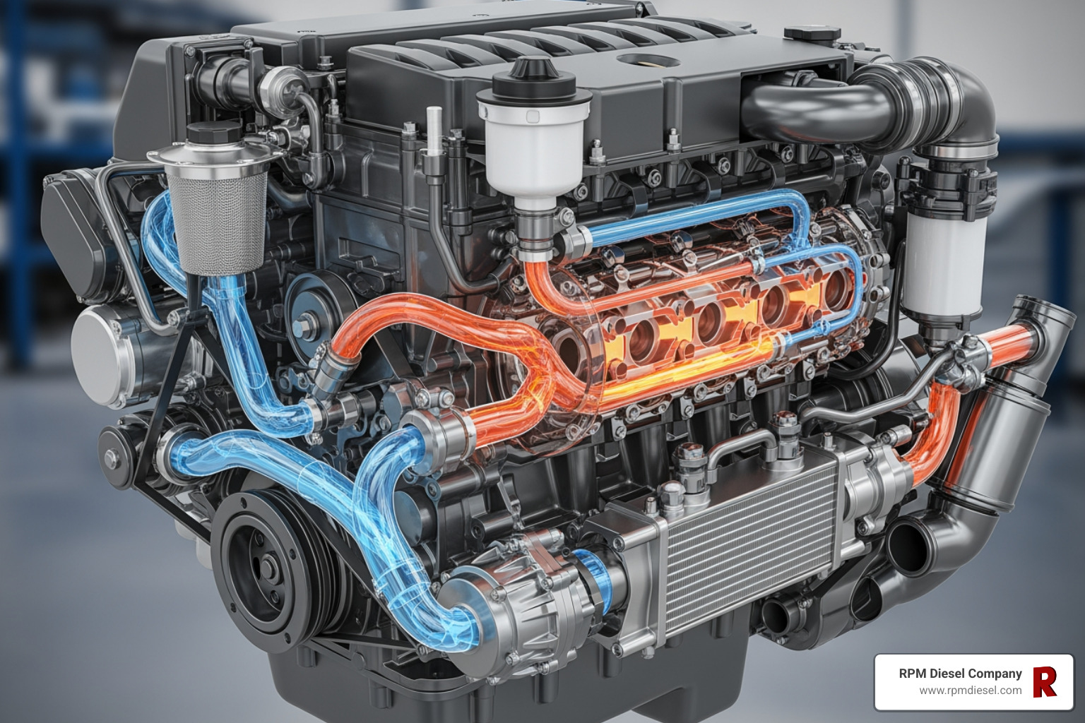 Diagram showing an enclosed cooling system with a heat exchanger, illustrating separate freshwater and raw water circuits - boat engine cooling system