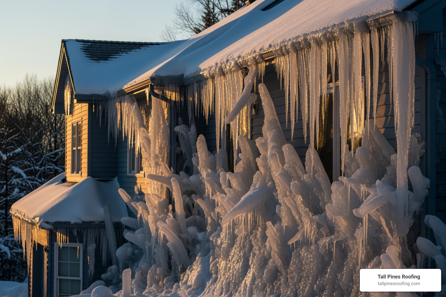ice dams forming on the edge of a roof - "My roof is leaking. Find emergency roof repair services in Rochester, NY." ice dams forming on the edge of a roof - "My roof is leaking. Find emergency roof repair services in Rochester, NY."