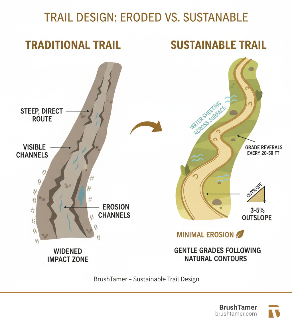 Infographic comparing traditional eroded trail with steep direct route, visible erosion channels, and widened impact zone versus sustainable contour trail with gentle grades following natural contours, water sheeting across surface, grade reversals every 20-50 feet, 3-5% outslope, and minimal erosion - sustainable trail design infographic 