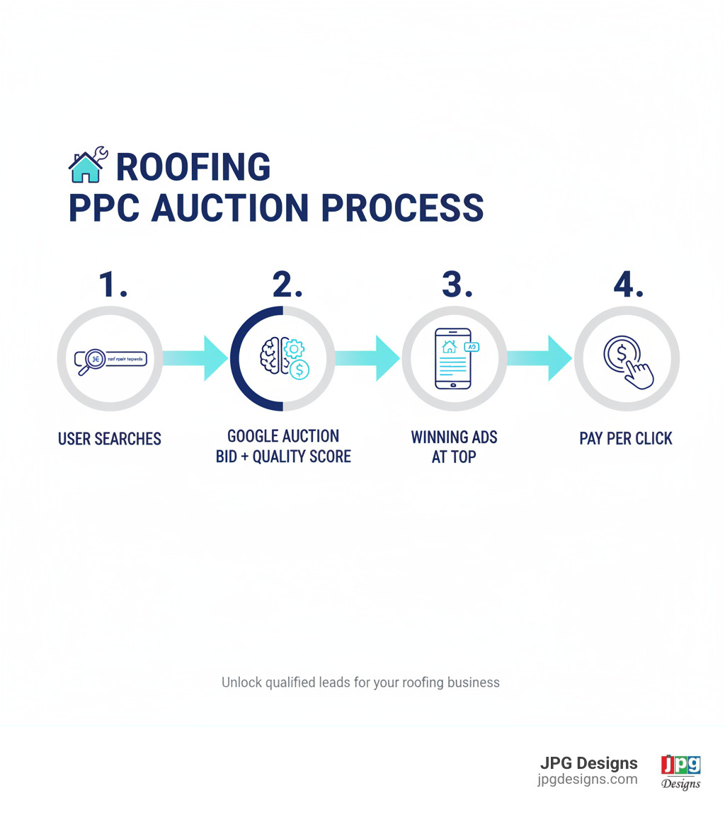 infographic showing the PPC auction process: 1. User searches for roofing keywords, 2. Google runs an auction using bid amount and quality score, 3. Winning ads appear at top of search results, 4. You only pay when someone clicks - PPC for roofers infographic 