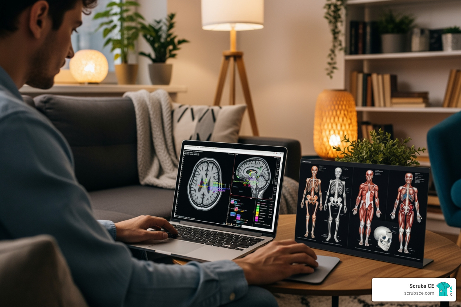 Person studying on a laptop in a comfortable home environment with medical diagrams on the screen - Online MRI courses Person studying on a laptop in a comfortable home environment with medical diagrams on the screen - Online MRI courses