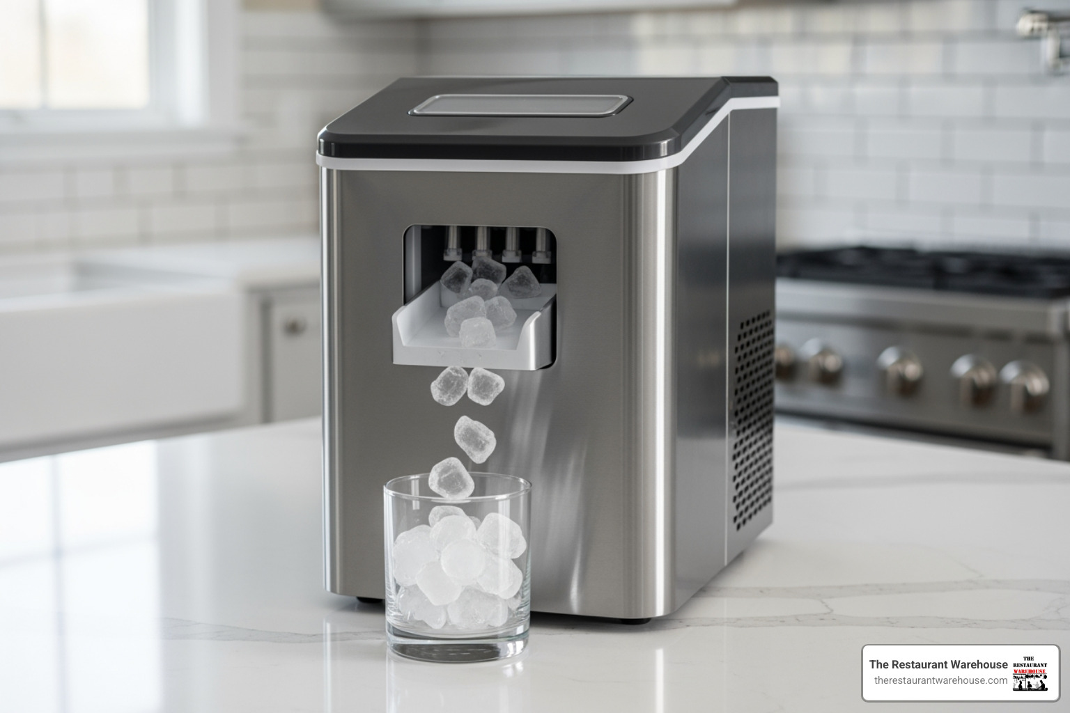 A sleek, modern countertop pebble ice maker sits on a kitchen counter, dispensing ice into a glass. - pebble ice