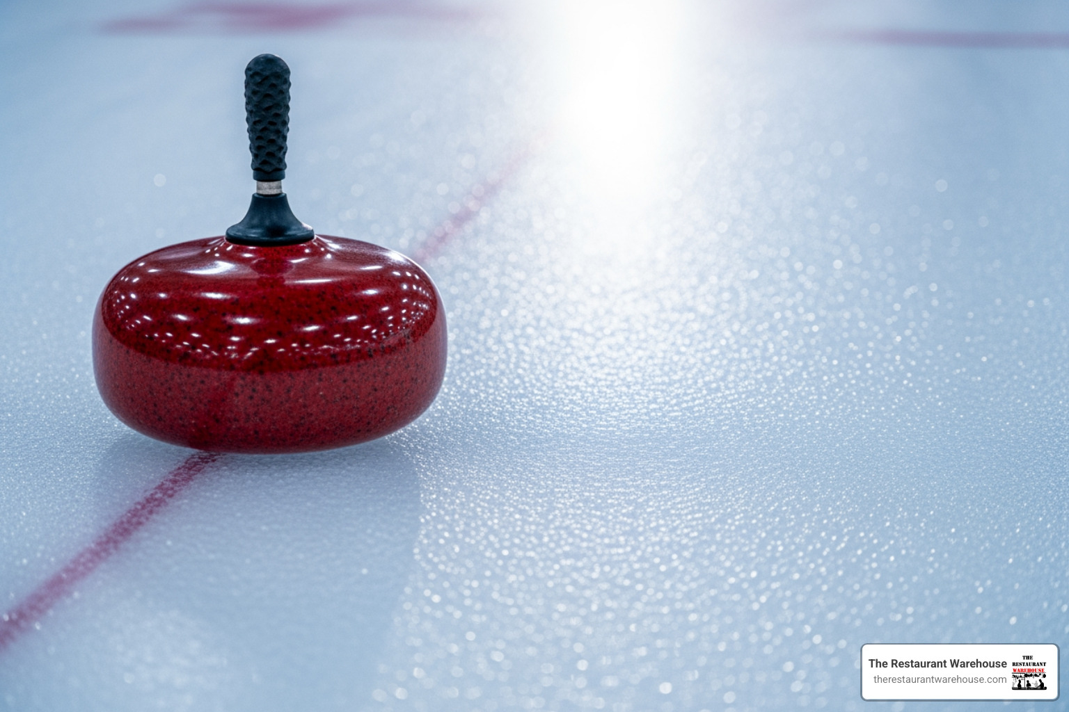 A close-up shot of a curling sheet shows the textured, pebbled ice surface with a curling stone in the foreground. - pebble ice