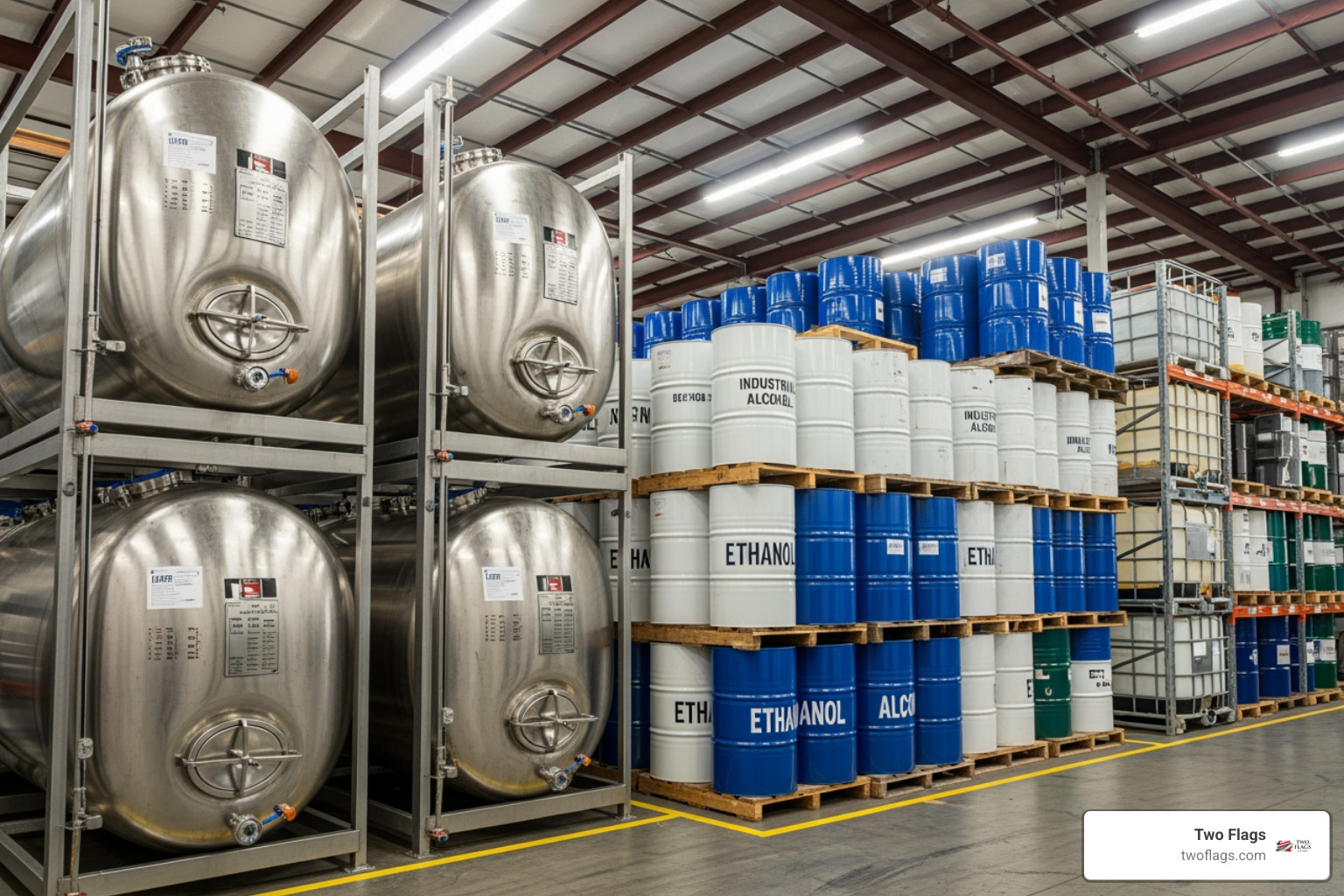 A warehouse interior showing large stainless steel ISO tanks and stacks of metal drums, all used for bulk alcohol storage and transport. - neutral alcohol