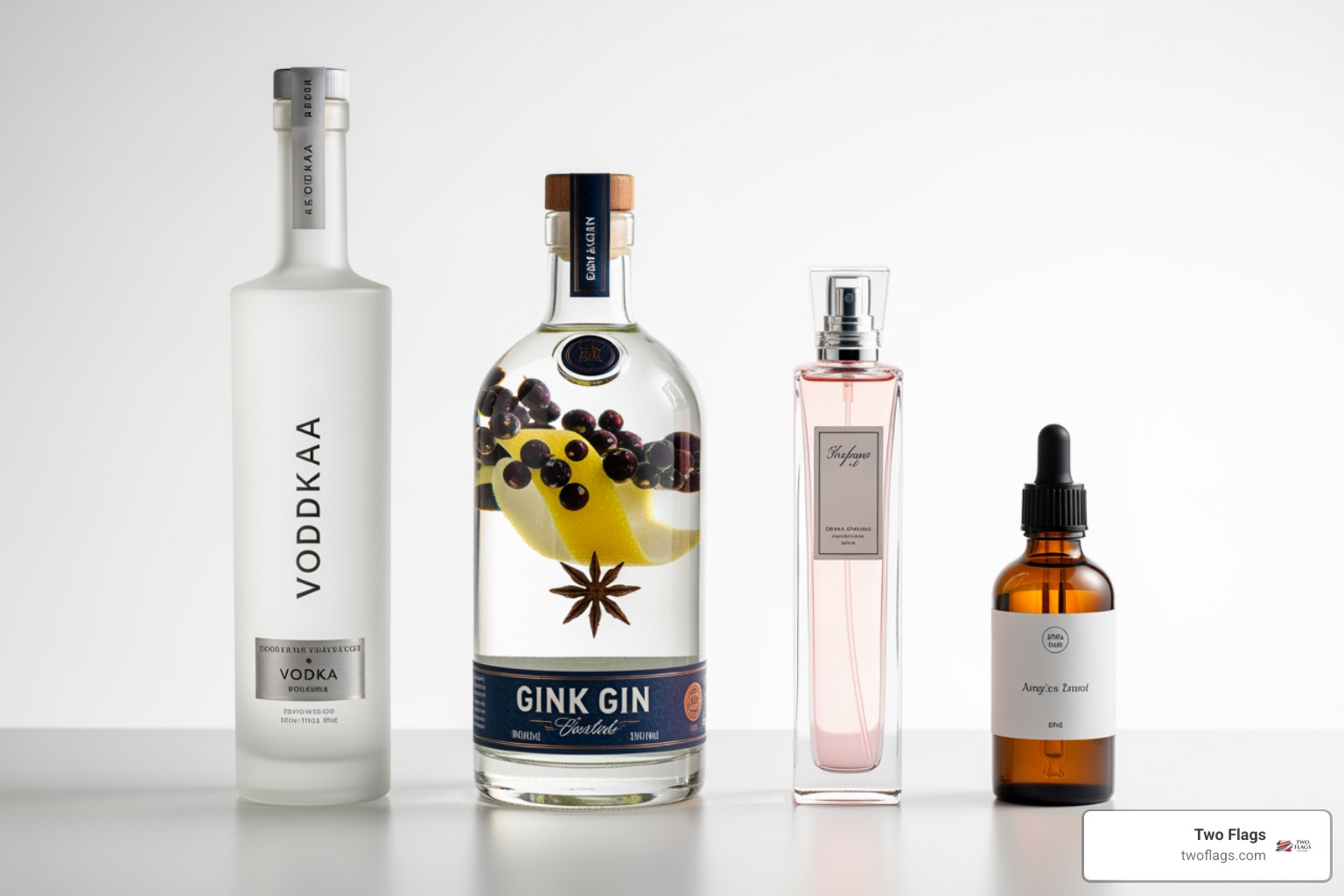 A graphic showing four distinct items: a sleek bottle of Two Flags Vodka, a classic gin bottle with botanicals, an elegant perfume bottle, and a small amber glass dropper bottle labeled "Herbal Tincture." - neutral alcohol