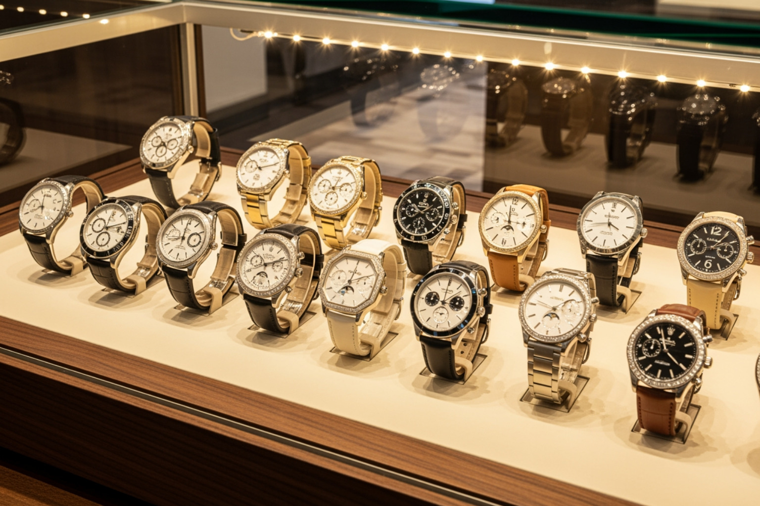A display of luxury watches.