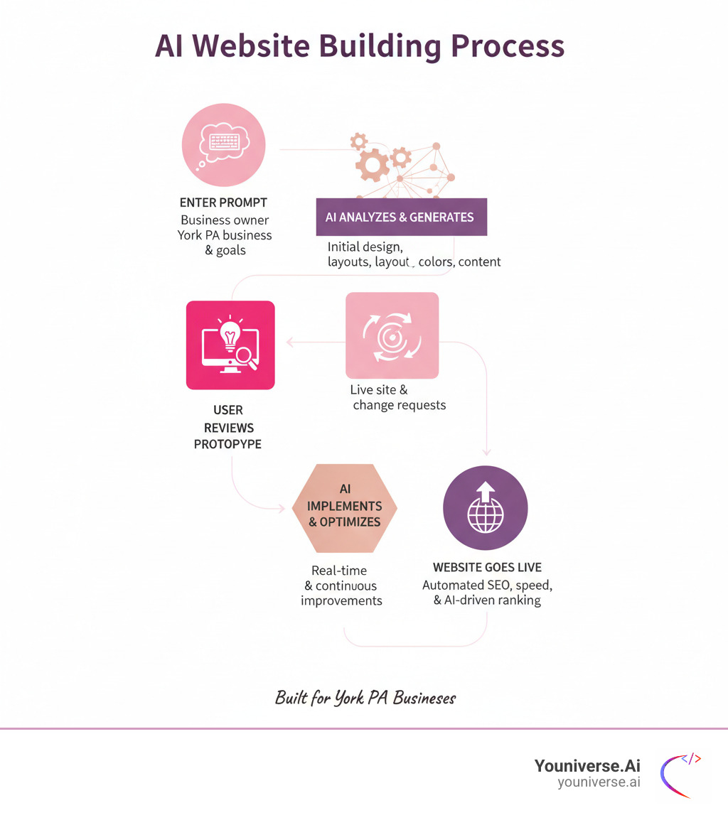 Infographic showing the AI website building process: Step 1 - Business owner enters prompt describing their York PA business and goals. Step 2 - AI analyzes requirements and generates initial design with layouts, color schemes, and content. Step 3 - User reviews prototype on live site and requests changes. Step 4 - AI implements revisions in real-time with continuous optimization. Step 5 - Website goes live with automated SEO, speed optimization, and ongoing AI-driven improvements for search rankings. - AI website builder York PA infographic 
