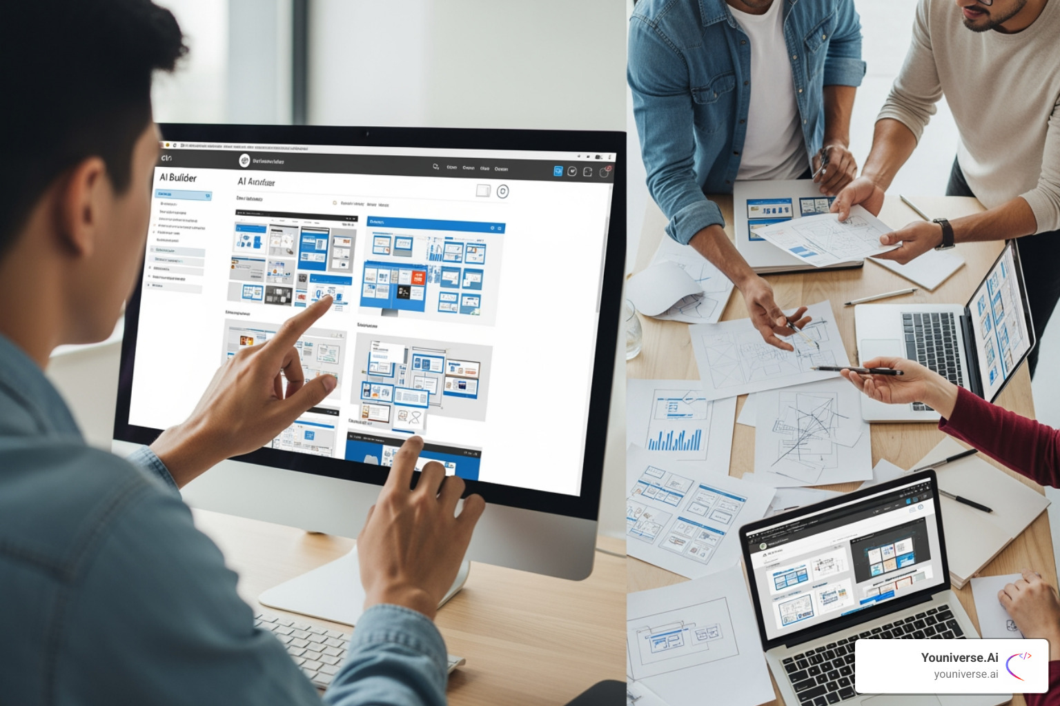 split screen showing a person using an AI builder on one side and a team of designers collaborating on the other - AI website builder York PA