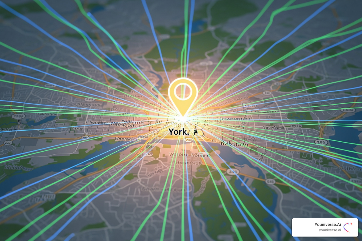 map showing a business pin in York, PA with glowing lines representing online traffic - AI website builder York PA