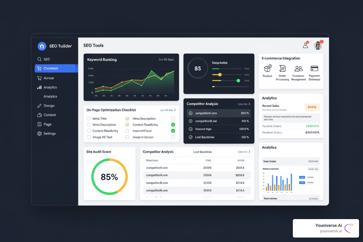 dashboard showcasing various website builder features like SEO tools, e-commerce, and analytics - AI website builder York PA