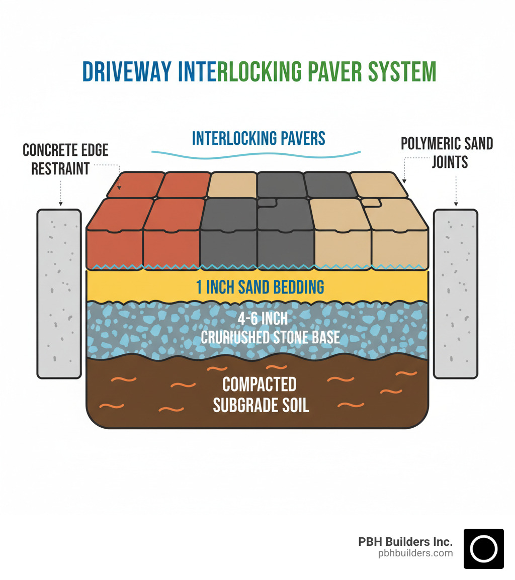 Infographic showing the layered cross-section of interlocking paver installation system, including compacted subgrade soil at bottom, then 4-6 inch crushed stone base layer, 1 inch sand bedding layer, interlocking pavers on top, concrete edge restraint on sides, and polymeric sand filling the joints between pavers - Driveway interlocking pavers infographic 