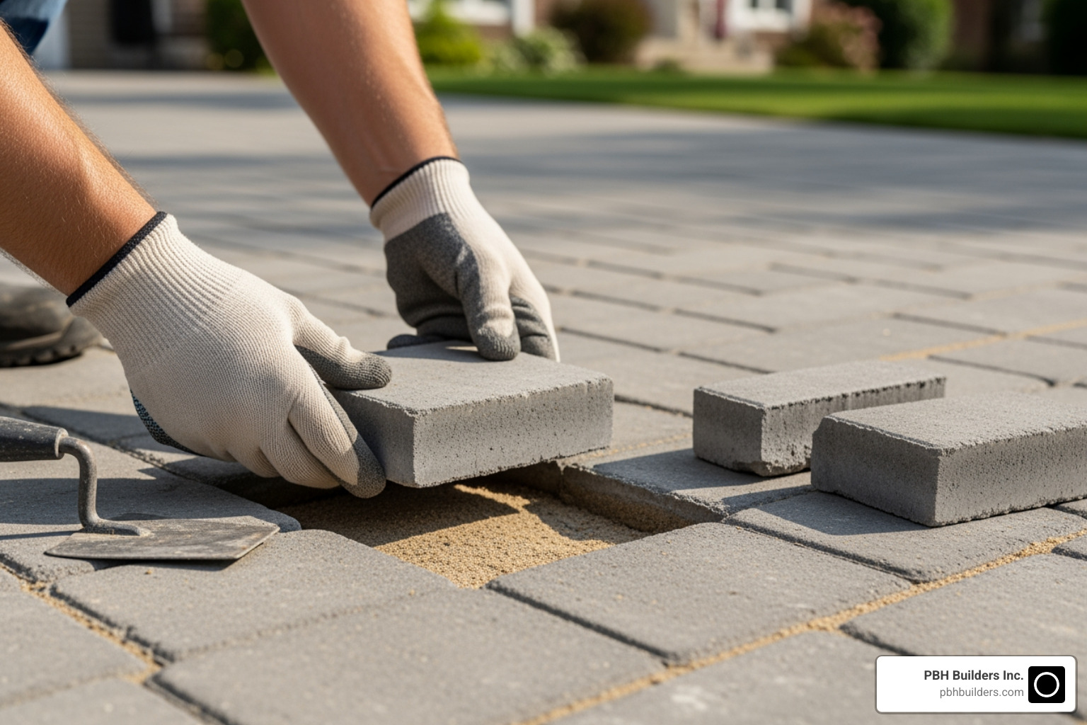 A single damaged paver being replaced on a driveway - Driveway interlocking pavers