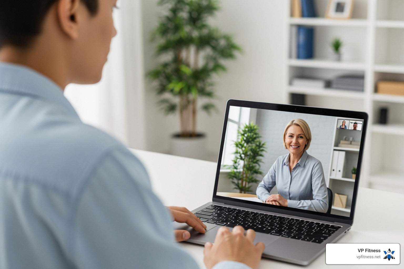 A person on a laptop having a video call with a smiling nutritionist. - Nutritionist Providence RI
