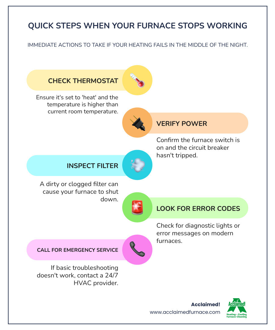infographic showing three main steps when furnace stops working: first panel shows thermostat being checked with temperature setting, second panel shows person checking circuit breaker and furnace power switch, third panel shows dirty furnace filter being inspected and replaced - "My furnace stopped working in the middle of the night. Who provides emergency HVAC repair in Edmonton, AB?" infographic infographic-line-5-steps-colors