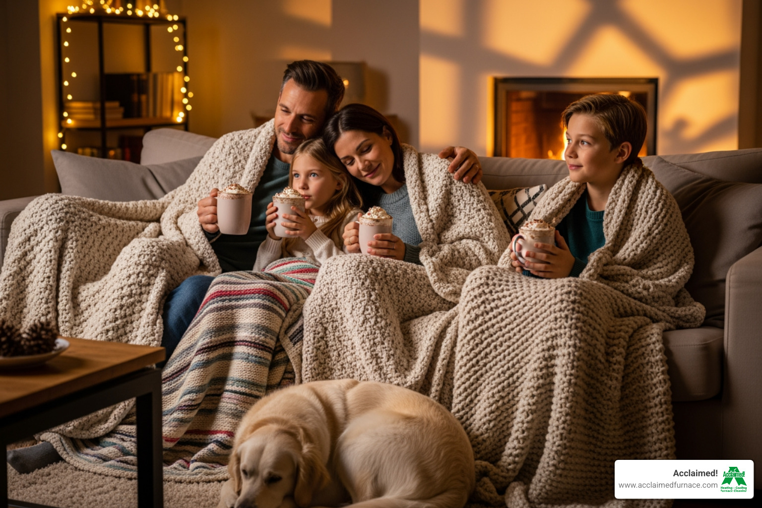 family bundled in blankets drinking hot chocolate - "My furnace stopped working in the middle of the night. Who provides emergency HVAC repair in Edmonton, AB?"