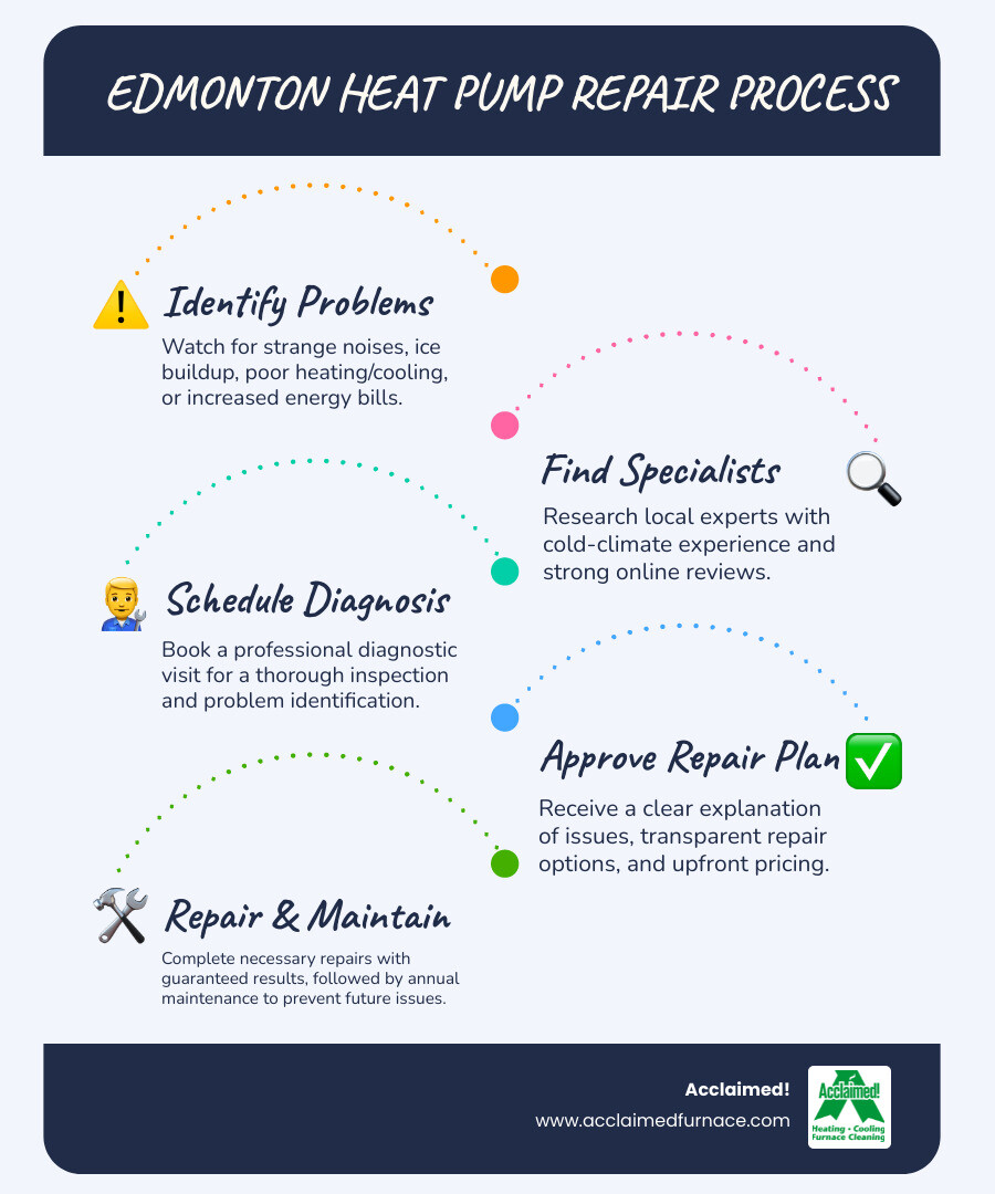 Infographic showing the heat pump repair process in Edmonton: Step 1 - Identify warning signs like strange noises, ice buildup, or poor heating; Step 2 - Research local specialists with cold-climate experience and positive reviews; Step 3 - Schedule diagnostic visit for professional inspection; Step 4 - Receive clear explanation of issues and repair options; Step 5 - Complete repairs with tested, guaranteed results; Step 6 - Maintain system with annual service to prevent future problems - Find specialists for heat pump repair in the Edmonton, AB area." infographic infographic-line-5-steps-blues-accent_colors Infographic showing the heat pump repair process in Edmonton: Step 1 - Identify warning signs like strange noises, ice buildup, or poor heating; Step 2 - Research local specialists with cold-climate experience and positive reviews; Step 3 - Schedule diagnostic visit for professional inspection; Step 4 - Receive clear explanation of issues and repair options; Step 5 - Complete repairs with tested, guaranteed results; Step 6 - Maintain system with annual service to prevent future problems - Find specialists for heat pump repair in the Edmonton, AB area." infographic infographic-line-5-steps-blues-accent_colors