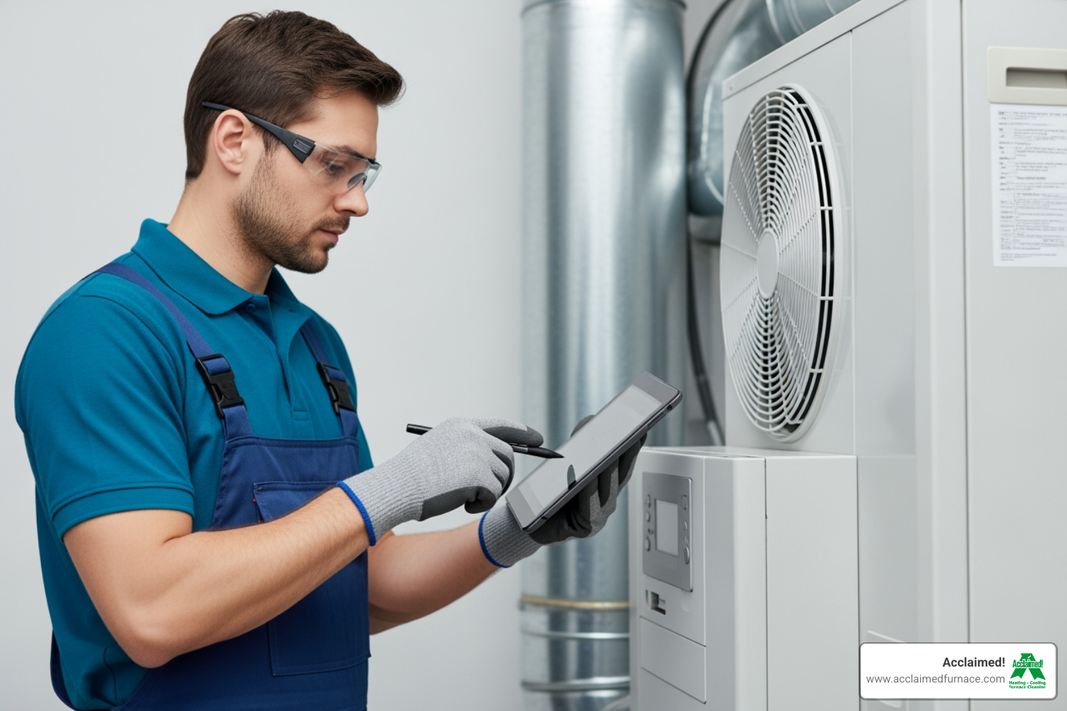 A technician wearing protective gloves and using a tablet for diagnostics while working on an indoor heat pump unit - Find specialists for heat pump repair in the Edmonton, AB area." A technician wearing protective gloves and using a tablet for diagnostics while working on an indoor heat pump unit - Find specialists for heat pump repair in the Edmonton, AB area."