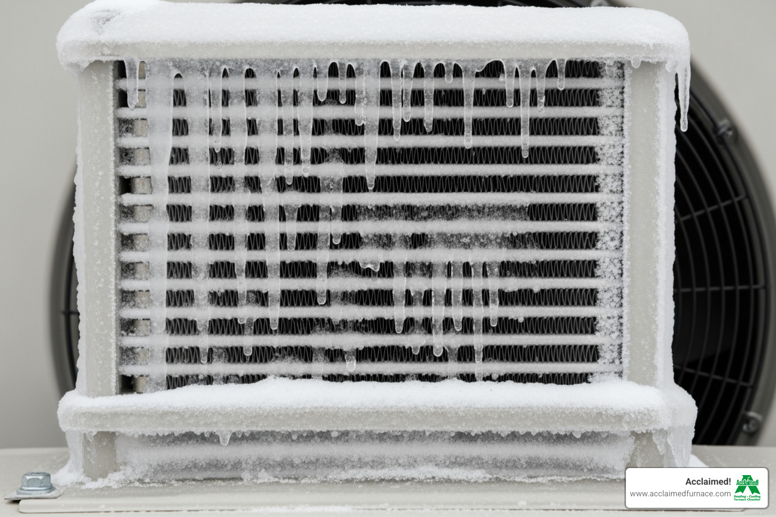 A close-up image of a heat pump's outdoor coil, heavily covered in ice, indicating a malfunction - Find specialists for heat pump repair in the Edmonton, AB area." A close-up image of a heat pump's outdoor coil, heavily covered in ice, indicating a malfunction - Find specialists for heat pump repair in the Edmonton, AB area."