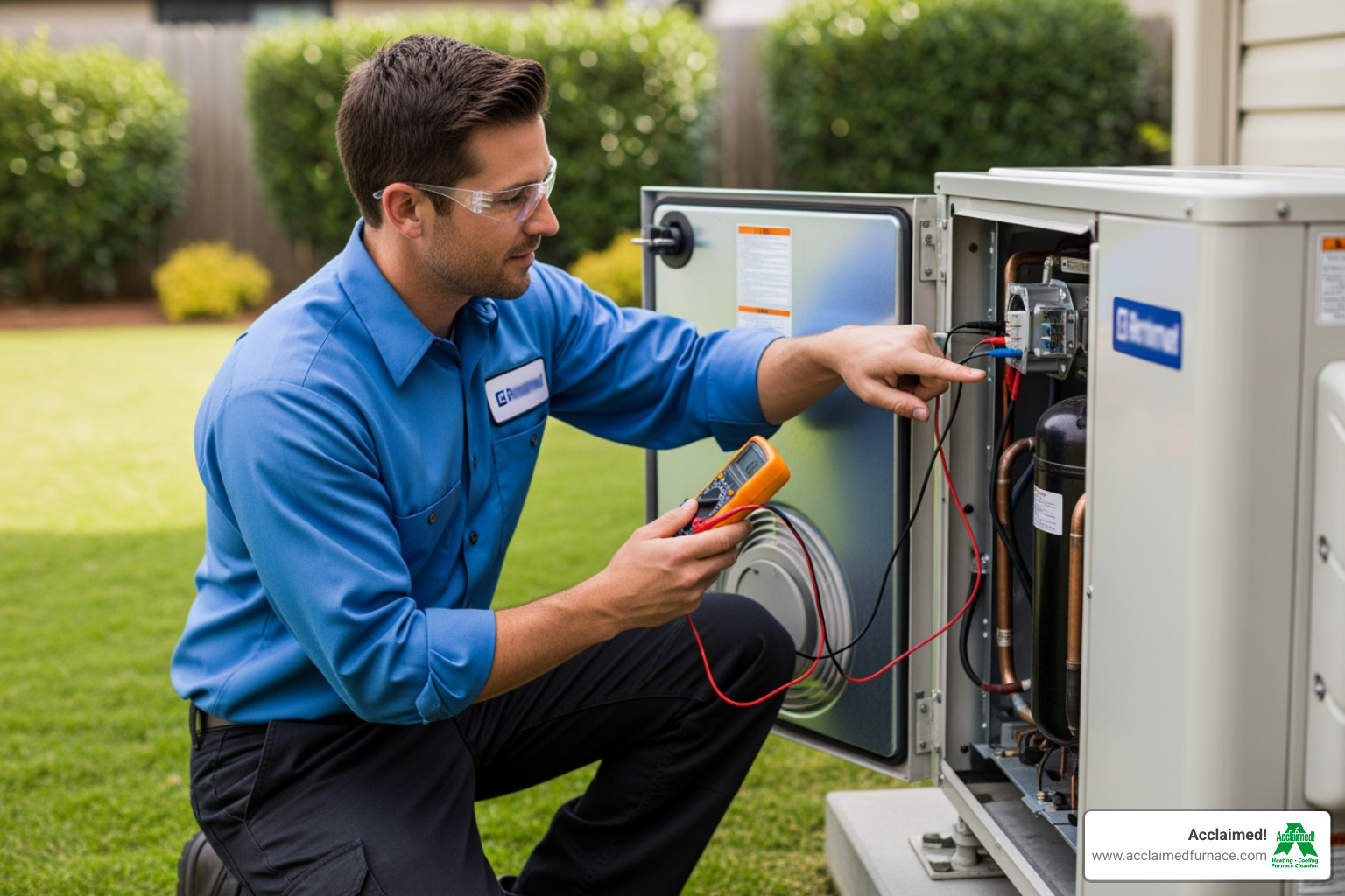 A skilled technician in work attire carefully inspecting the outdoor unit of a heat pump, checking connections and components - Find specialists for heat pump repair in the Edmonton, AB area." A skilled technician in work attire carefully inspecting the outdoor unit of a heat pump, checking connections and components - Find specialists for heat pump repair in the Edmonton, AB area."