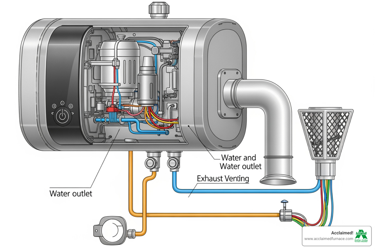 A detailed diagram showing the complex internal and external connections of a tankless water heater, including water inlet/outlet, gas line, electrical connection, and exhaust venting, emphasizing the need for professional installation. - "Who can I hire for a professional tankless water installation in my home?" A detailed diagram showing the complex internal and external connections of a tankless water heater, including water inlet/outlet, gas line, electrical connection, and exhaust venting, emphasizing the need for professional installation. - "Who can I hire for a professional tankless water installation in my home?"
