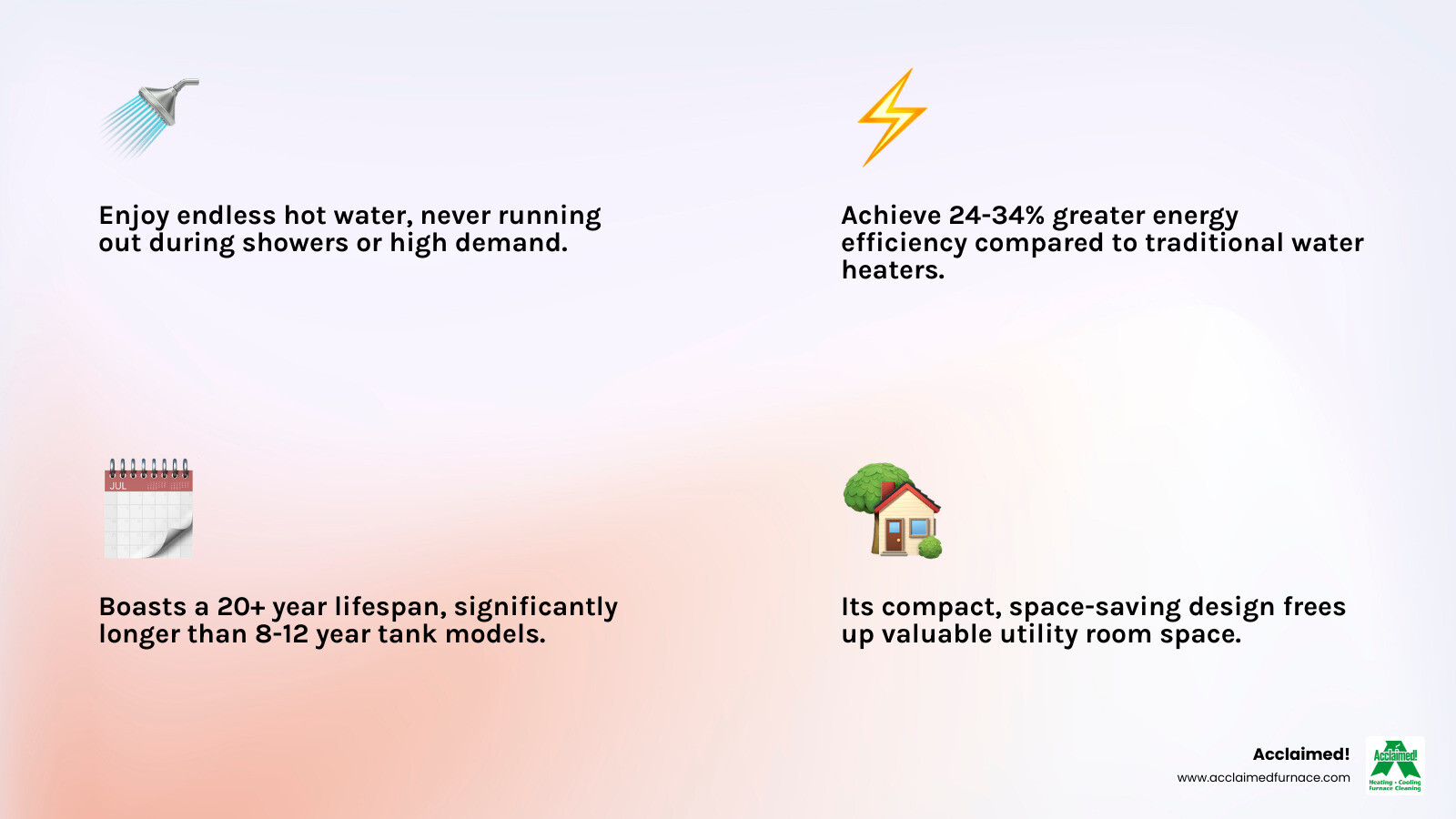 Infographic showing the comparison between tankless and traditional water heaters, highlighting key differences: tankless heats water on-demand eliminating standby losses, lasts 20+ years vs 8-12 years for tanks, requires less space, provides endless hot water, and achieves 24-34% greater energy efficiency for typical households - "Who can I hire for a professional tankless water installation in my home?" infographic 4_facts_emoji_light-gradient Infographic showing the comparison between tankless and traditional water heaters, highlighting key differences: tankless heats water on-demand eliminating standby losses, lasts 20+ years vs 8-12 years for tanks, requires less space, provides endless hot water, and achieves 24-34% greater energy efficiency for typical households - "Who can I hire for a professional tankless water installation in my home?" infographic 4_facts_emoji_light-gradient