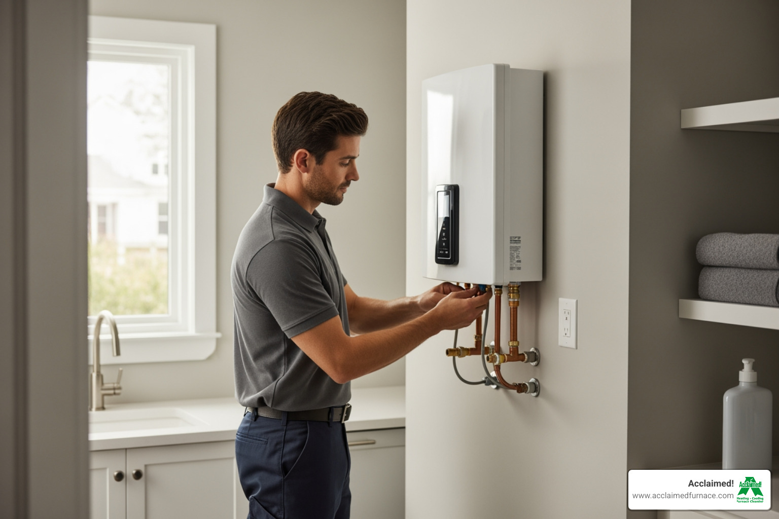 A professional technician in a clean uniform is expertly installing a tankless water heater on a wall in a modern utility room, ensuring all connections are secure and up to code. - "Who can I hire for a professional tankless water installation in my home?" A professional technician in a clean uniform is expertly installing a tankless water heater on a wall in a modern utility room, ensuring all connections are secure and up to code. - "Who can I hire for a professional tankless water installation in my home?"