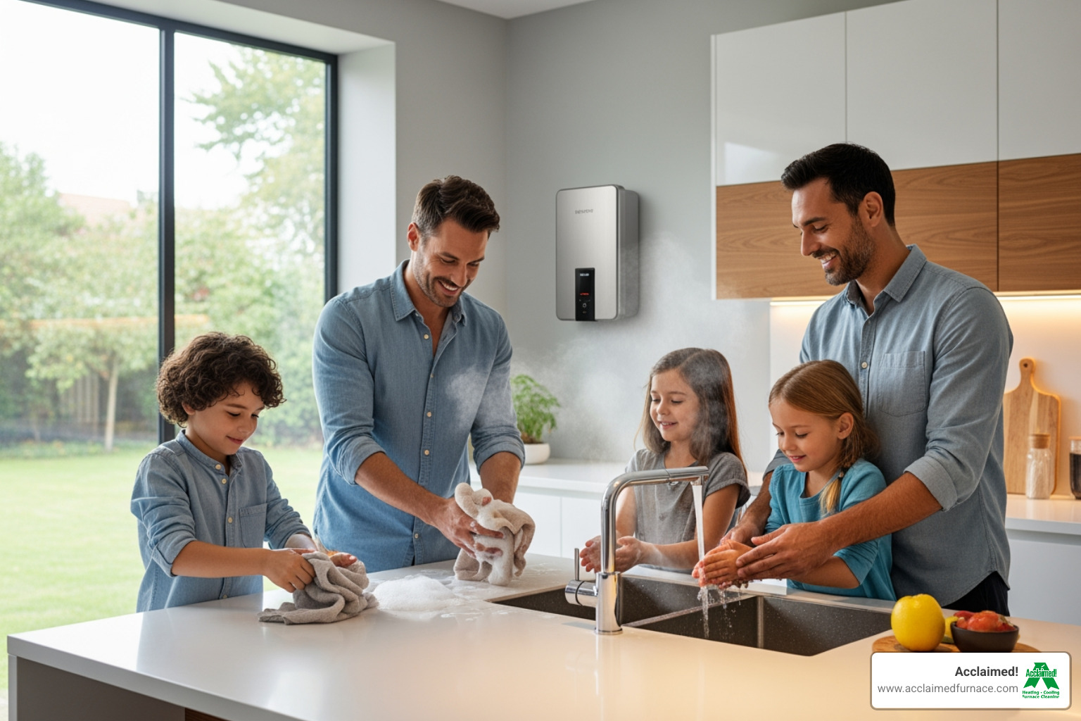 A family happily enjoying hot water in their kitchen, with a modern tankless water heater subtly visible in the background, symbolizing comfort and efficiency. - "Who can I hire for a professional tankless water installation in my home?" A family happily enjoying hot water in their kitchen, with a modern tankless water heater subtly visible in the background, symbolizing comfort and efficiency. - "Who can I hire for a professional tankless water installation in my home?"