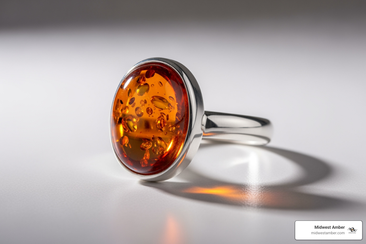 Classic cognac amber ring in a simple sterling silver setting - polish amber rings