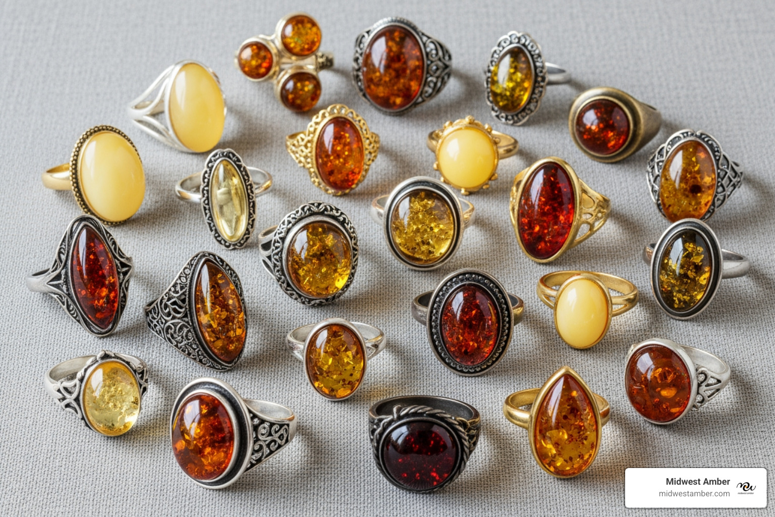 Diverse layout of several amber rings in different styles and colors - polish amber rings