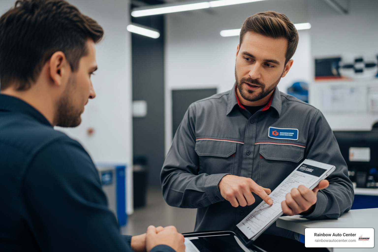 auto body specialist explaining repair estimate to customer - auto body specialist