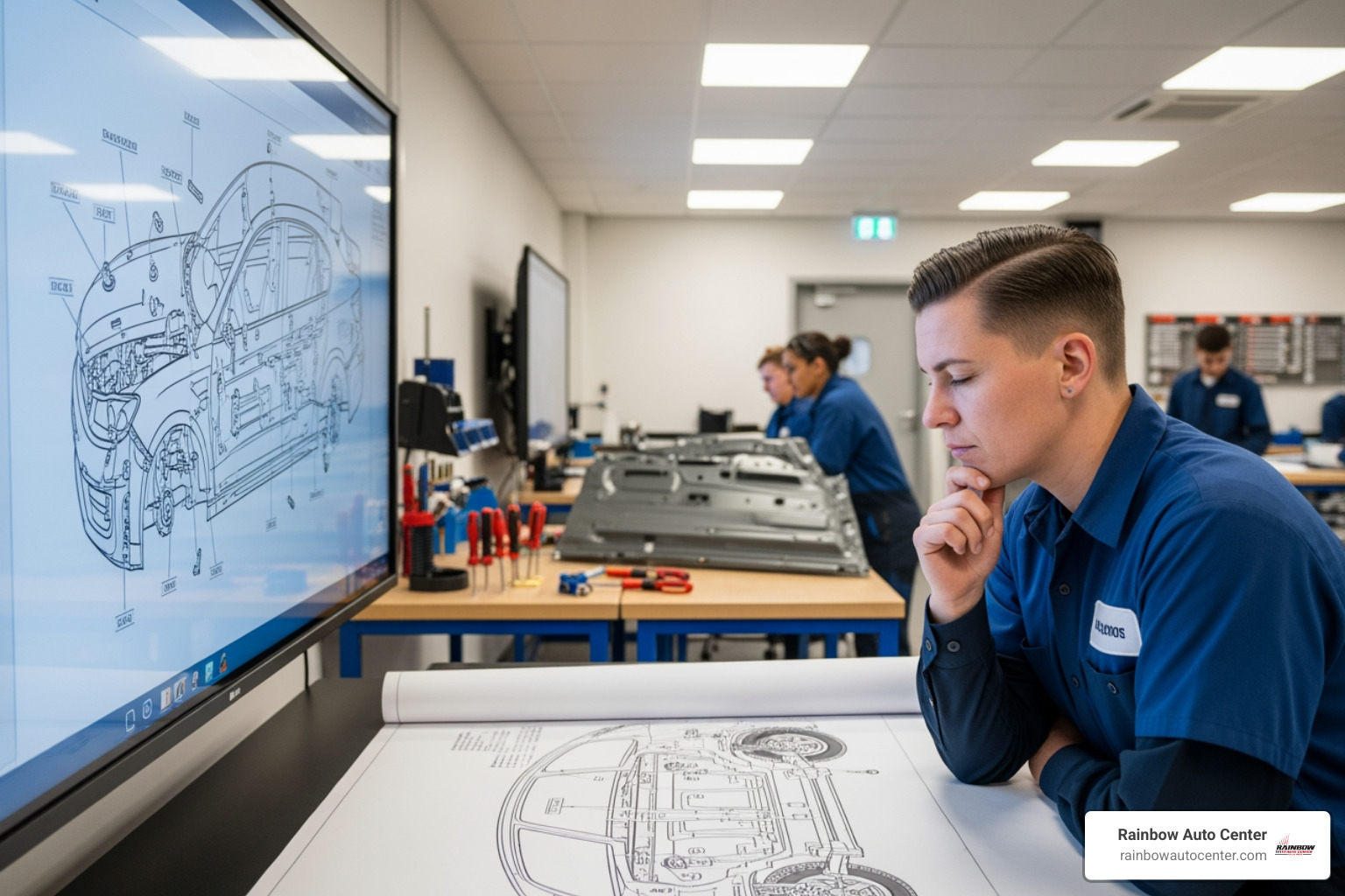 technician studying vehicle diagram in classroom - auto body specialist