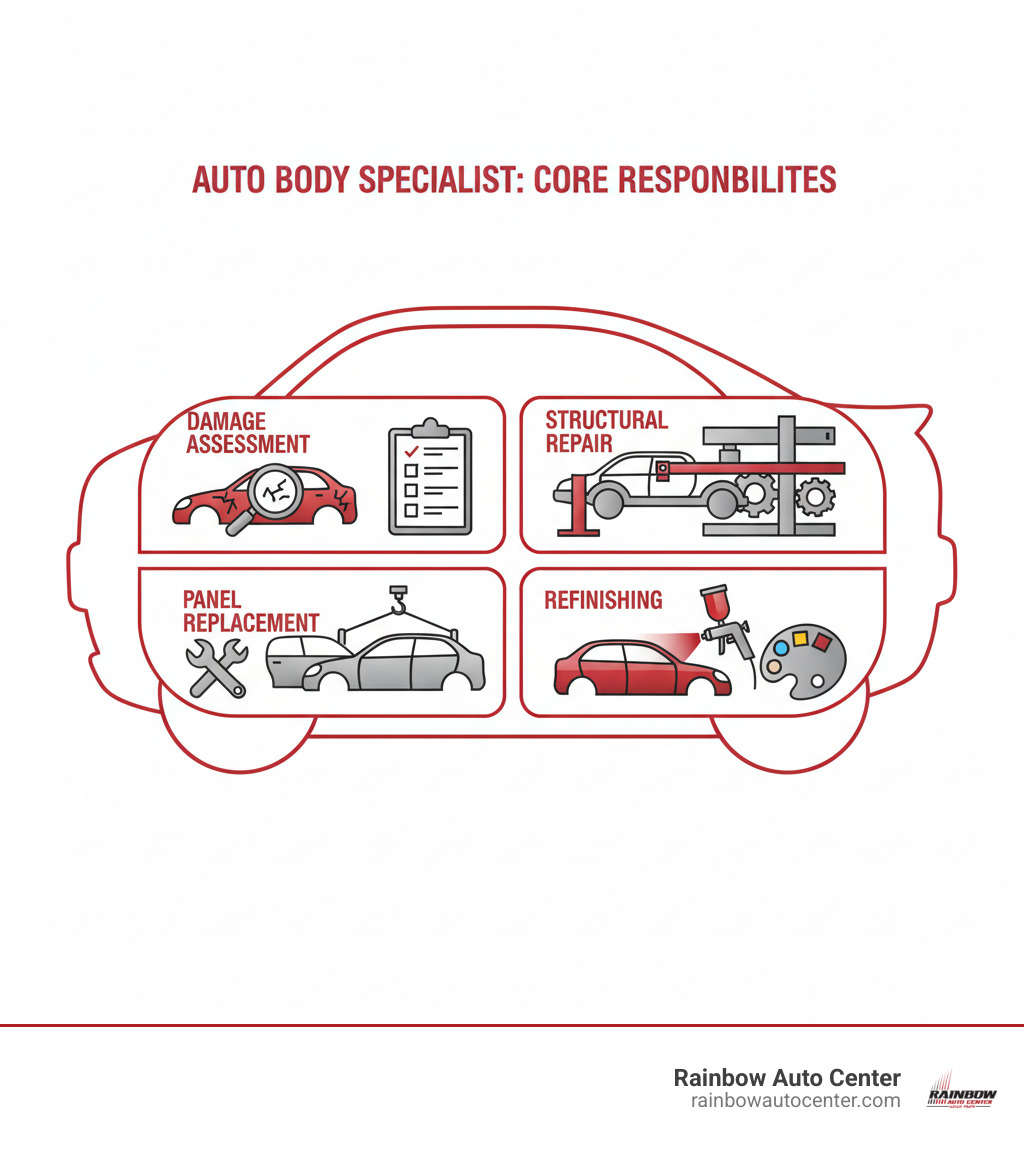 Infographic showing the four core responsibilities of an auto body specialist: Damage Assessment (inspecting and documenting all visible and hidden damage), Structural Repair (straightening frames and restoring vehicle integrity), Panel Replacement (removing damaged parts and installing new components), and Refinishing (preparing surfaces, color-matching, and applying professional-grade paint and clear coat) - auto body specialist infographic 