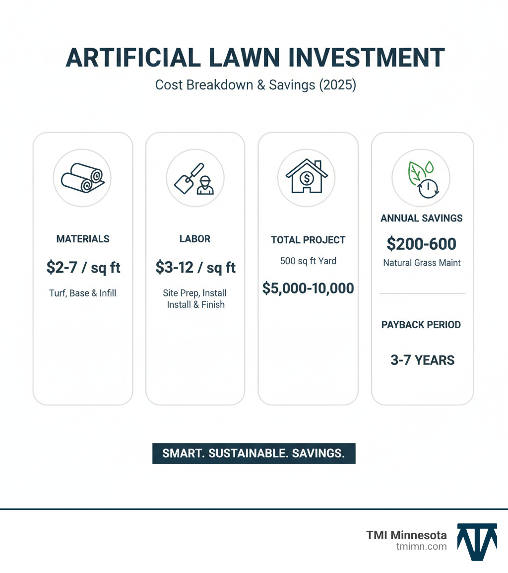 Infographic showing artificial lawn cost breakdown: materials ($2-7 per sq ft including turf, base materials, and infill), labor ($3-12 per sq ft for site prep, installation, and finishing), typical 500 sq ft project total cost ($5,000-$10,000), annual natural grass maintenance savings ($200-600), and payback period (3-7 years) - artificial lawn cost infographic 
