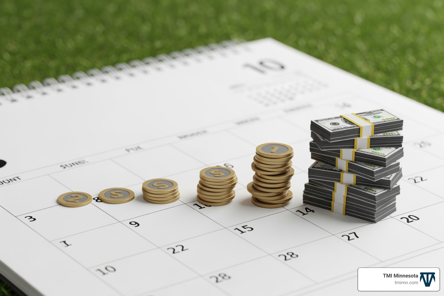 Calendar showing savings from artificial lawn over time - artificial lawn cost