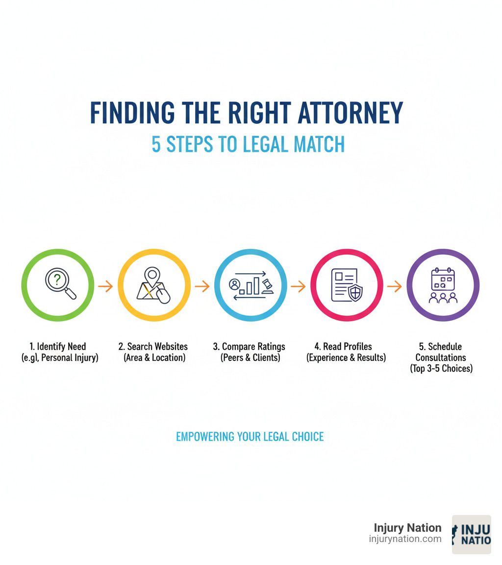 Infographic showing 5 steps to find the right attorney: 1) Identify your specific legal need (personal injury, car accident, etc.), 2) Search attorney review websites by practice area and location, 3) Compare ratings from both peers and clients, 4) Read detailed profiles including experience and case results, 5) Schedule consultations with your top 3-5 choices - attorney review website infographic 