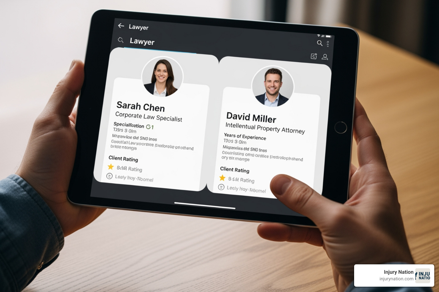 person comparing two lawyer profiles on a tablet - attorney review website