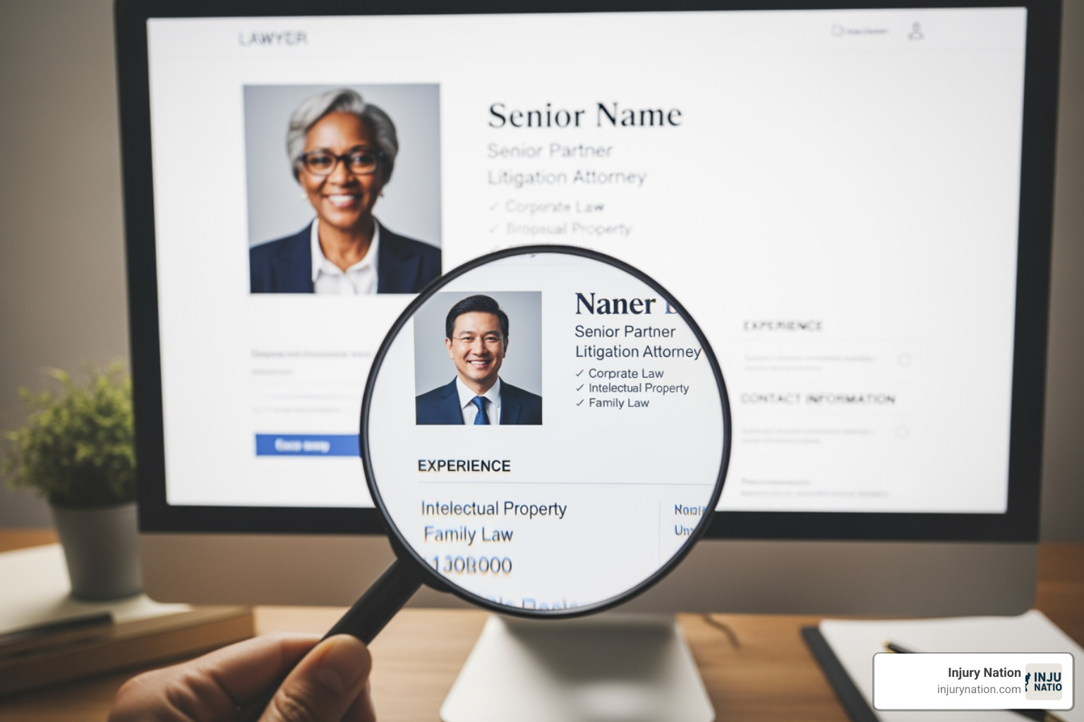 magnifying glass over computer screen showing lawyer profile - attorney review website