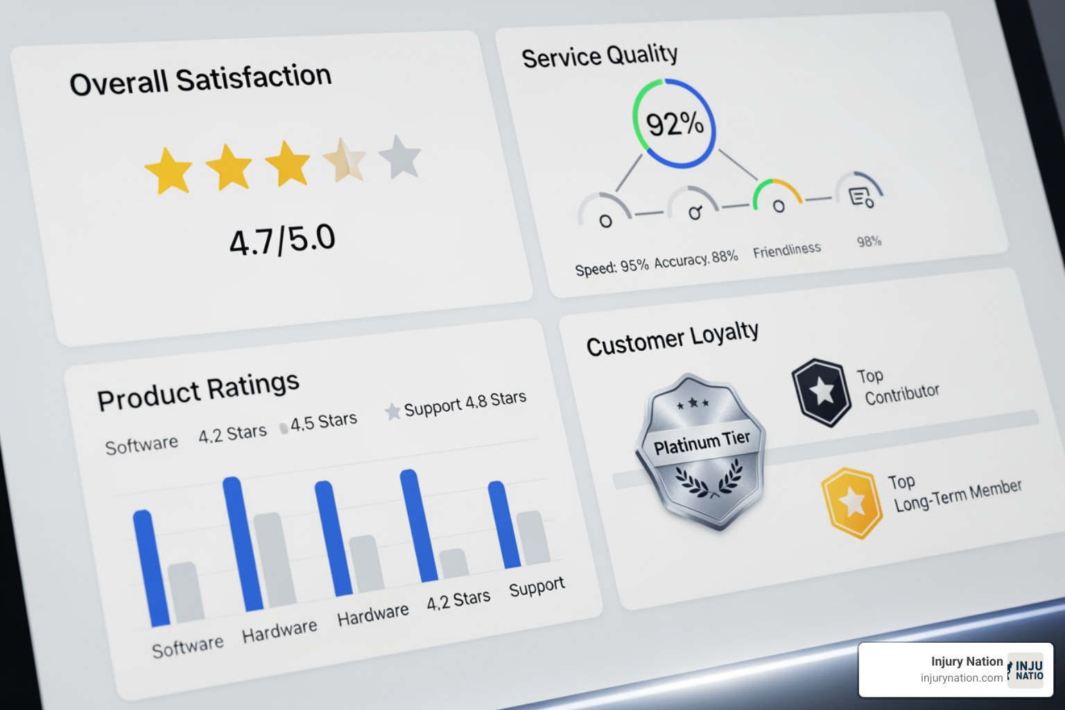 dashboard showing different rating metrics like stars, badges, and scores - attorney review website