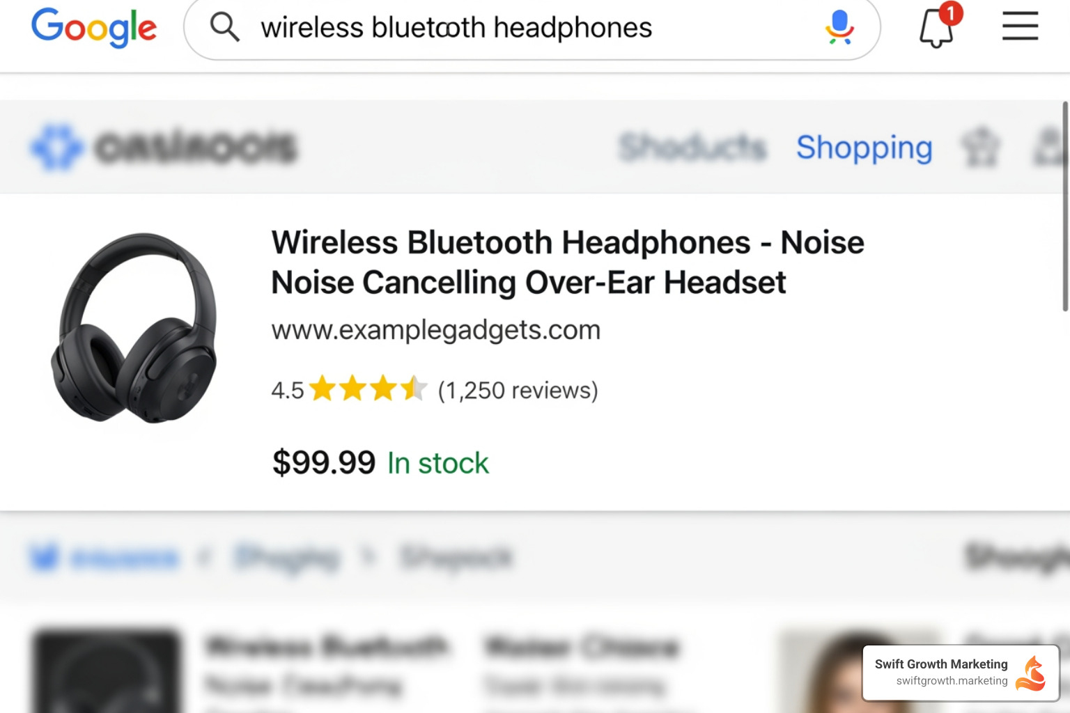 A Google search result displaying rich snippets for a product, including star ratings, number of reviews, price, and in-stock status. - technical SEO ecommerce A Google search result displaying rich snippets for a product, including star ratings, number of reviews, price, and in-stock status. - technical SEO ecommerce